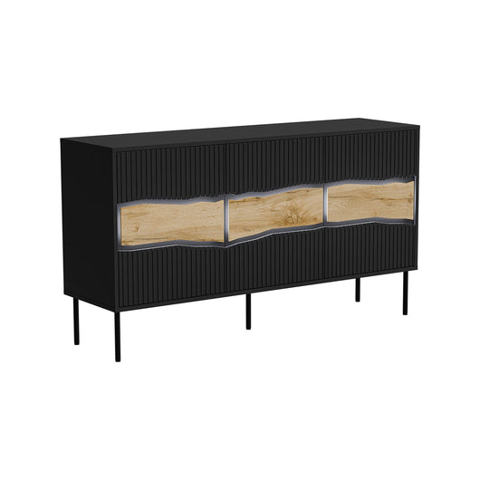 Credenza Saliceto, Madia da salotto con tre ante battenti e vani interni, Rialzata da terra, 144x40 h80 cm, Nero e Rovere Nodi