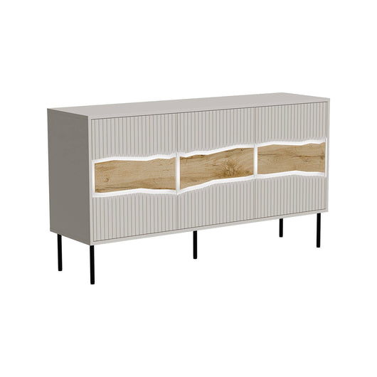 Credenza Saliceto, Madia da salotto con tre ante battenti e vani interni, Rialzata da terra, 144x40 h80 cm, Beige e Rovere Nodi