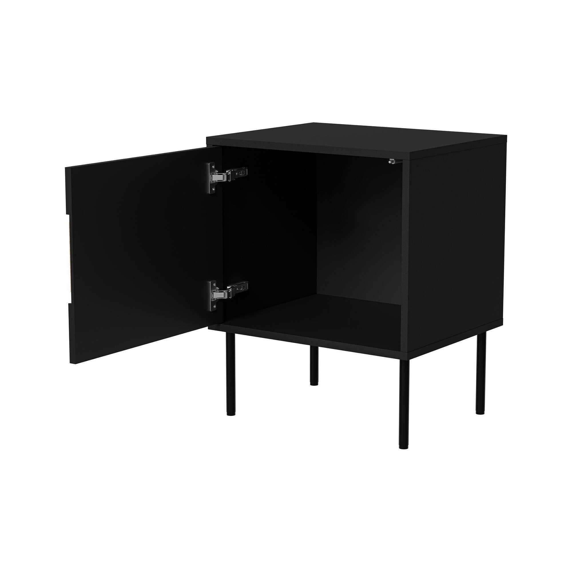 Set di 2 comodini Ussana, Comò basso con anta battente e vano interno, Finitura effetto liscio, 50x40 h62 cm, Nero e Rovere Nodi