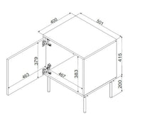Set di 2 comodini Ussana, Comò basso con anta battente e vano interno, Finitura effetto liscio, 50x40 h62 cm, Nero e Rovere Nodi