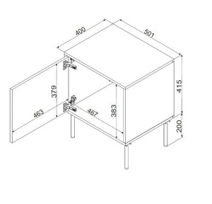Set di 2 comodini Ussana, Comò basso con anta battente e vano interno, Finitura effetto liscio, 50x40 h62 cm, Nero e Rovere Nodi