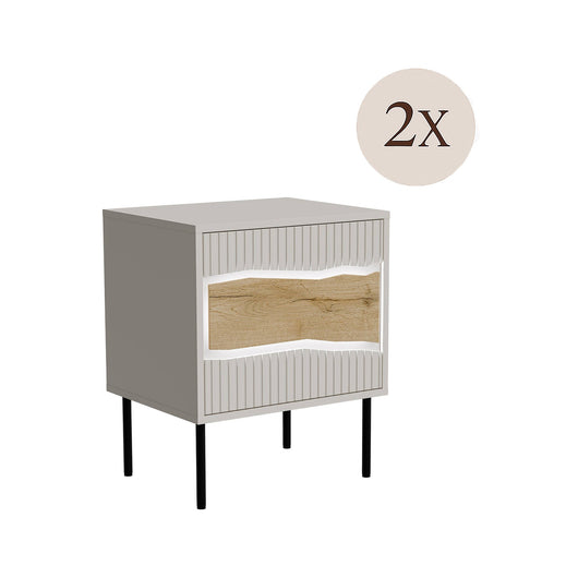 Set di 2 comodini Ussana, Comò basso con anta battente e vano interno, Finitura effetto liscio, 50x40 h62 cm, Beige e Rovere Nodi