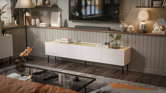 Mobile porta TV Scopa, Madia da salotto con quattro ante battenti e quattro vani interni, Rialzato da terra, 200x40 h52 cm, Beige e Rovere