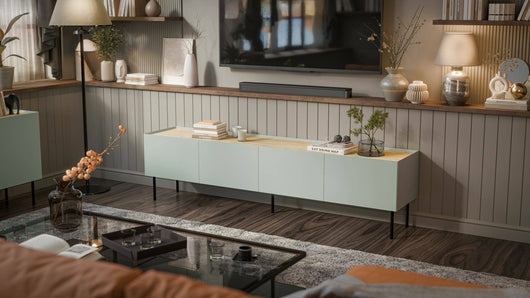 Mobile porta TV Scopa, Madia da salotto con quattro ante battenti e quattro vani interni, Rialzato da terra, 200x40 h52 cm, Verde e Rovere