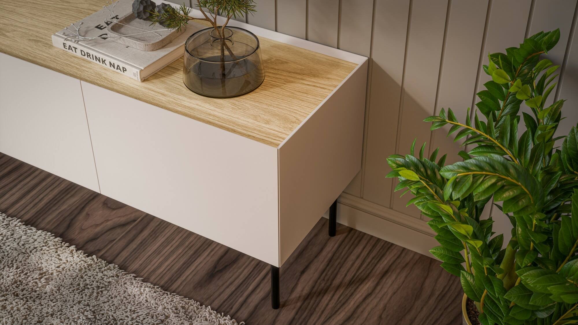 Credenza Sagrado, Madia da salotto con quattro ante battenti e vani interni, Rialzata da terra, 200x40 h70 cm, Beige e Rovere