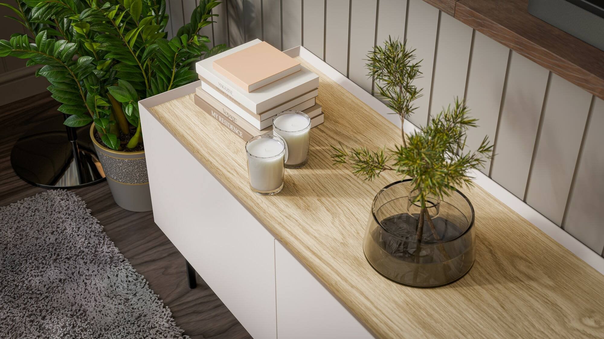 Credenza Sagrado, Madia da salotto con quattro ante battenti e vani interni, Rialzata da terra, 200x40 h70 cm, Beige e Rovere