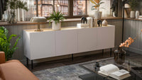 Credenza Sagrado, Madia da salotto con quattro ante battenti e vani interni, Rialzata da terra, 200x40 h70 cm, Beige e Rovere