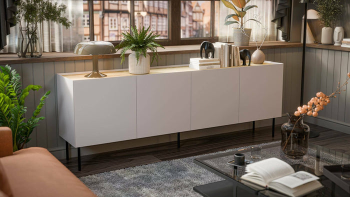 Credenza Sagrado, Madia da salotto con quattro ante battenti e vani interni, Rialzata da terra, 200x40 h70 cm, Beige e Rovere