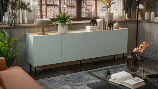 Credenza Sagrado, Madia da salotto con quattro ante battenti e vani interni, Rialzata da terra, 200x40 h70 cm, Verde e Rovere
