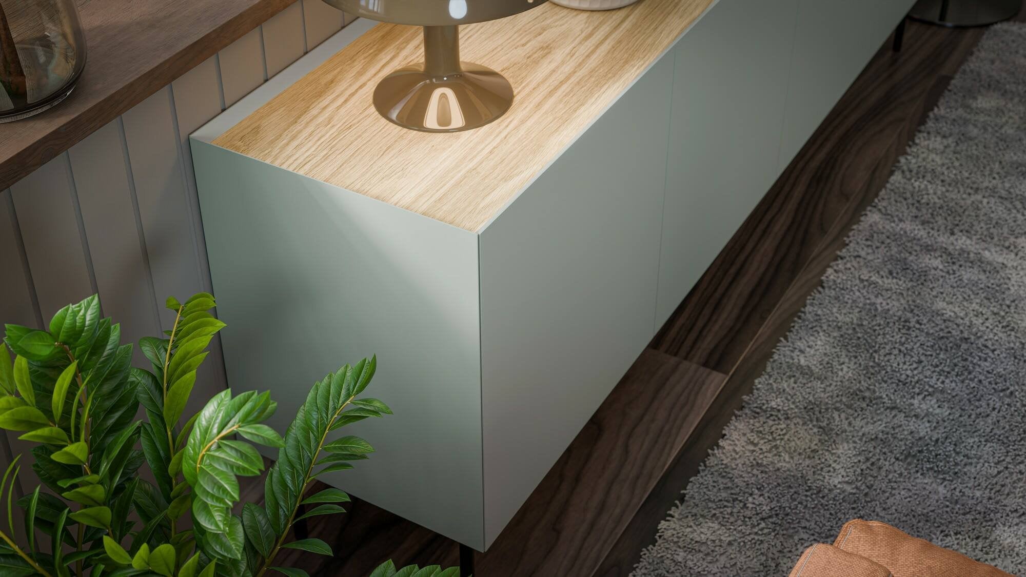Credenza Verrone, Madia da salotto con tre ante battenti e vani interni, Rialzata da terra, 150x40 h70 cm, Verde e Rovere