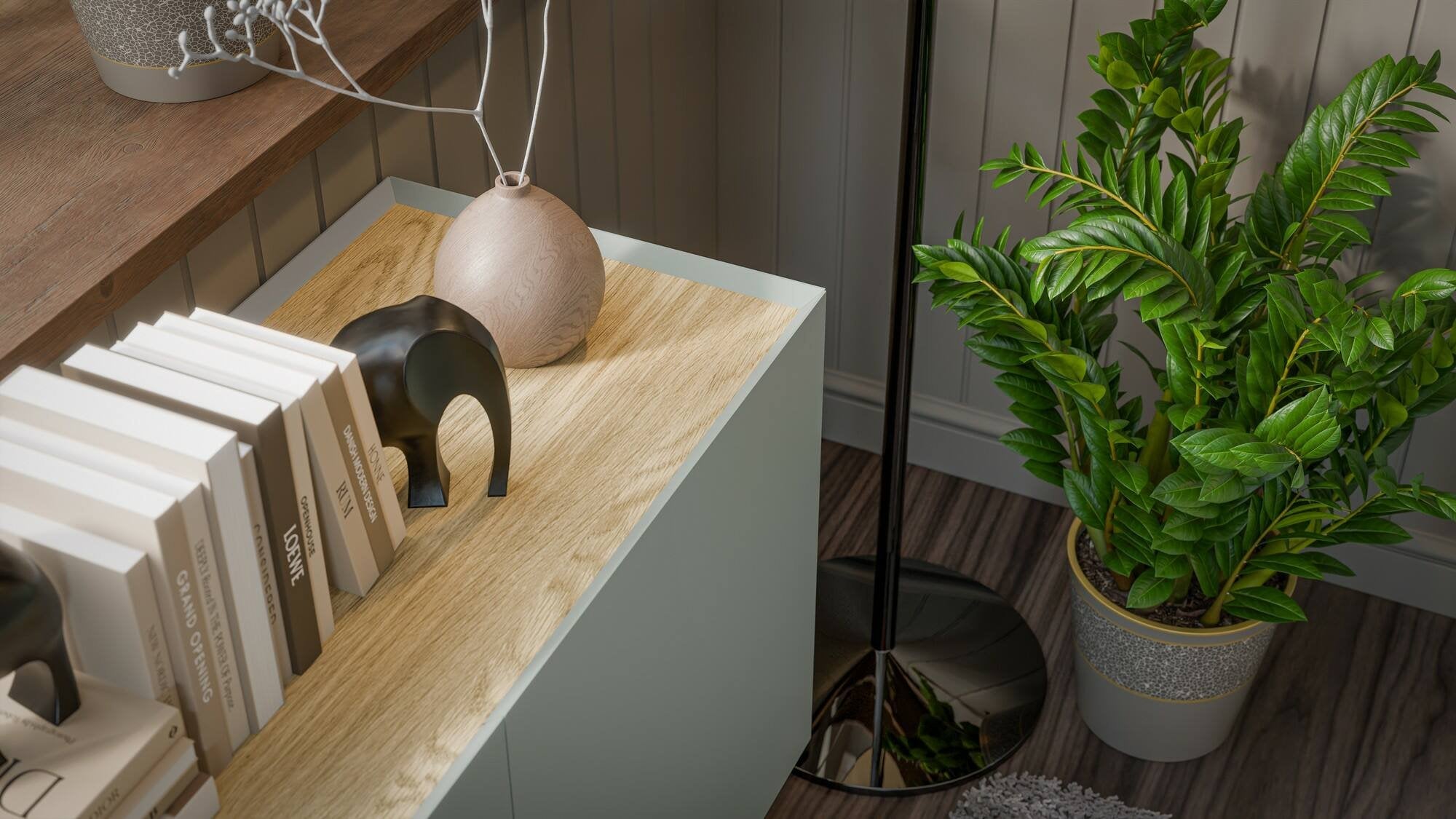 Credenza Verrone, Madia da salotto con tre ante battenti e vani interni, Rialzata da terra, 150x40 h70 cm, Verde e Rovere