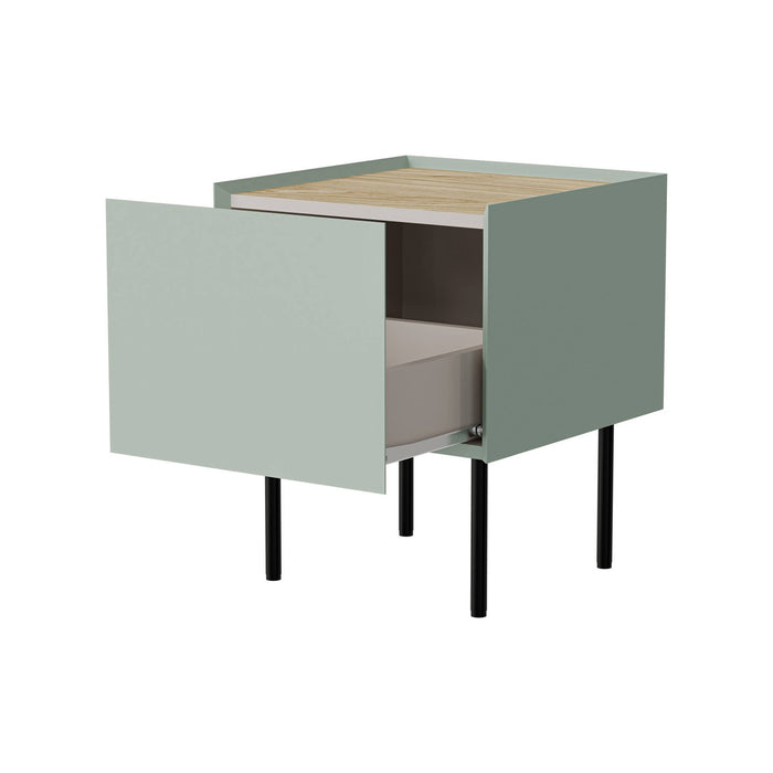 Set di 2 comodini Preci, Comò basso con cassetto e vano interno, Finitura effetto liscio, 40x41 h60 cm, Verde e Rovere