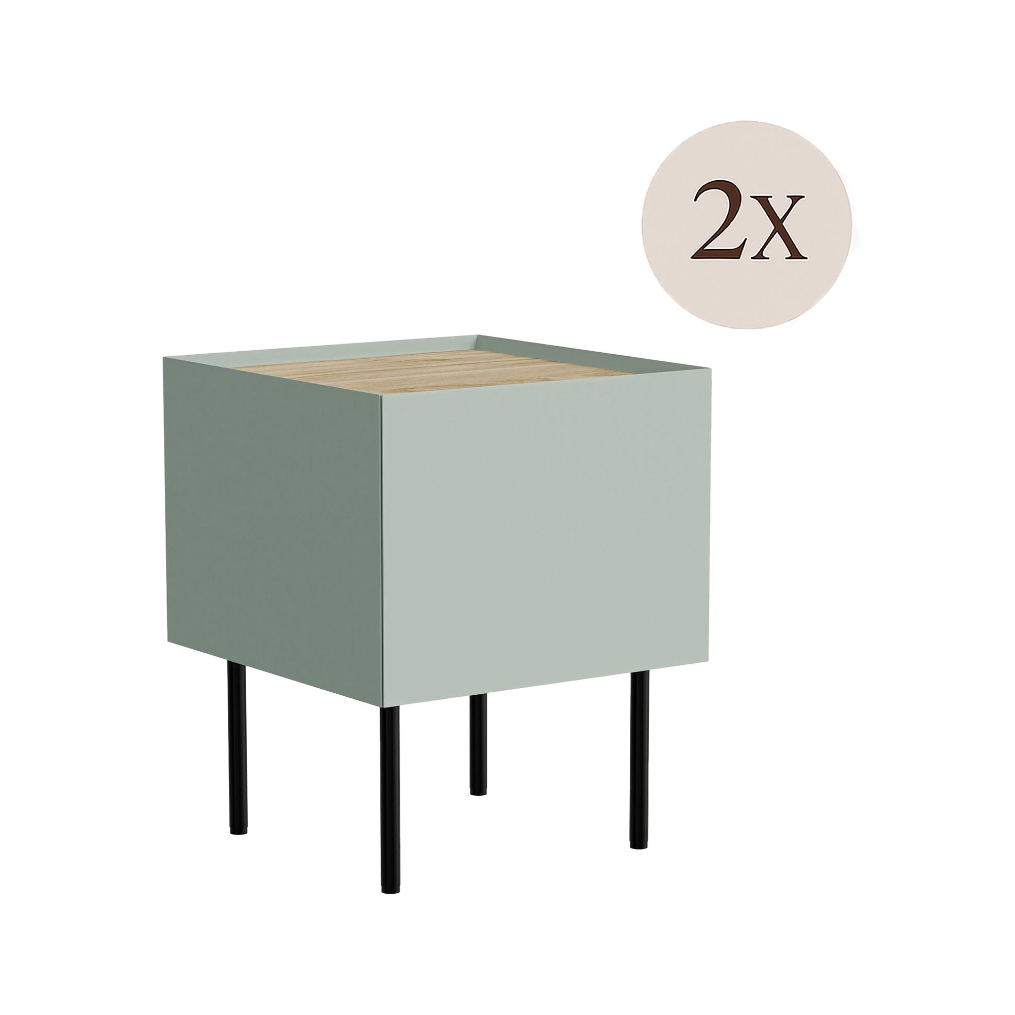 Set di 2 comodini Preci, Comò basso con cassetto e vano interno, Finitura effetto liscio, 40x41 h60 cm, Verde e Rovere