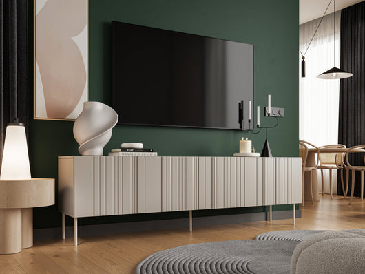 Mobile porta TV Sospiro, Madia da salotto con quattro ante battenti e quattro vani interni, Rialzato da terra, 201x42 h60 cm, Beige