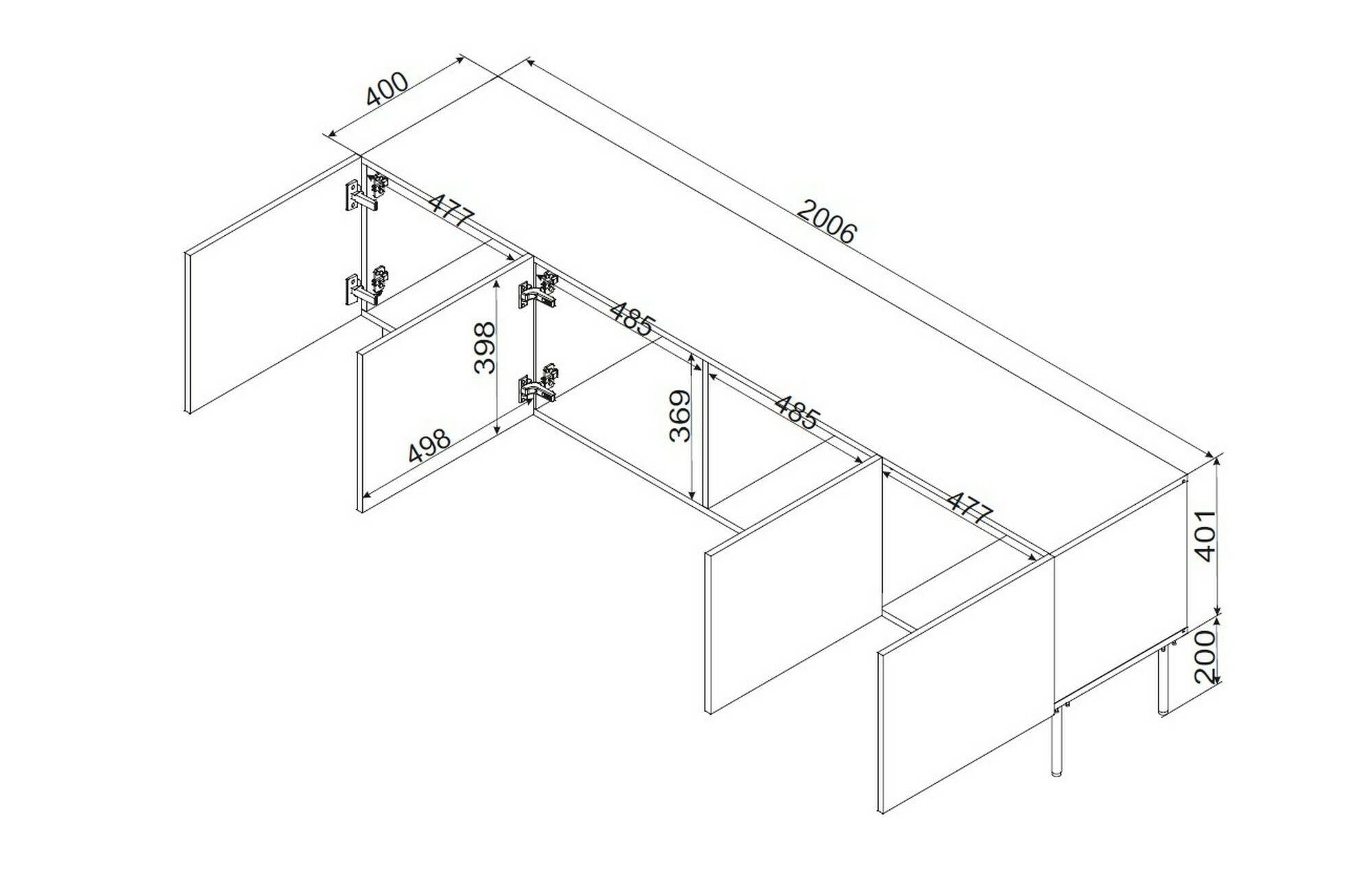 Mobile porta TV Frassino, Madia da salotto con tre ante battenti e tre vani interni, Rialzato da terra, 151x42 h60 cm, Nero
