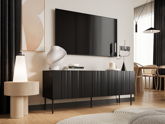 Mobile porta TV Frassino, Madia da salotto con tre ante battenti e tre vani interni, Rialzato da terra, 151x42 h60 cm, Nero