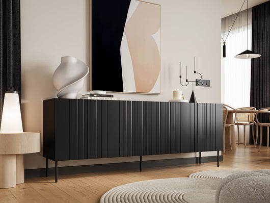 Credenza Gerace, Madia da salotto con quattro ante battenti e vani interni, Rialzata da terra, 201x42 h75 cm, Nero