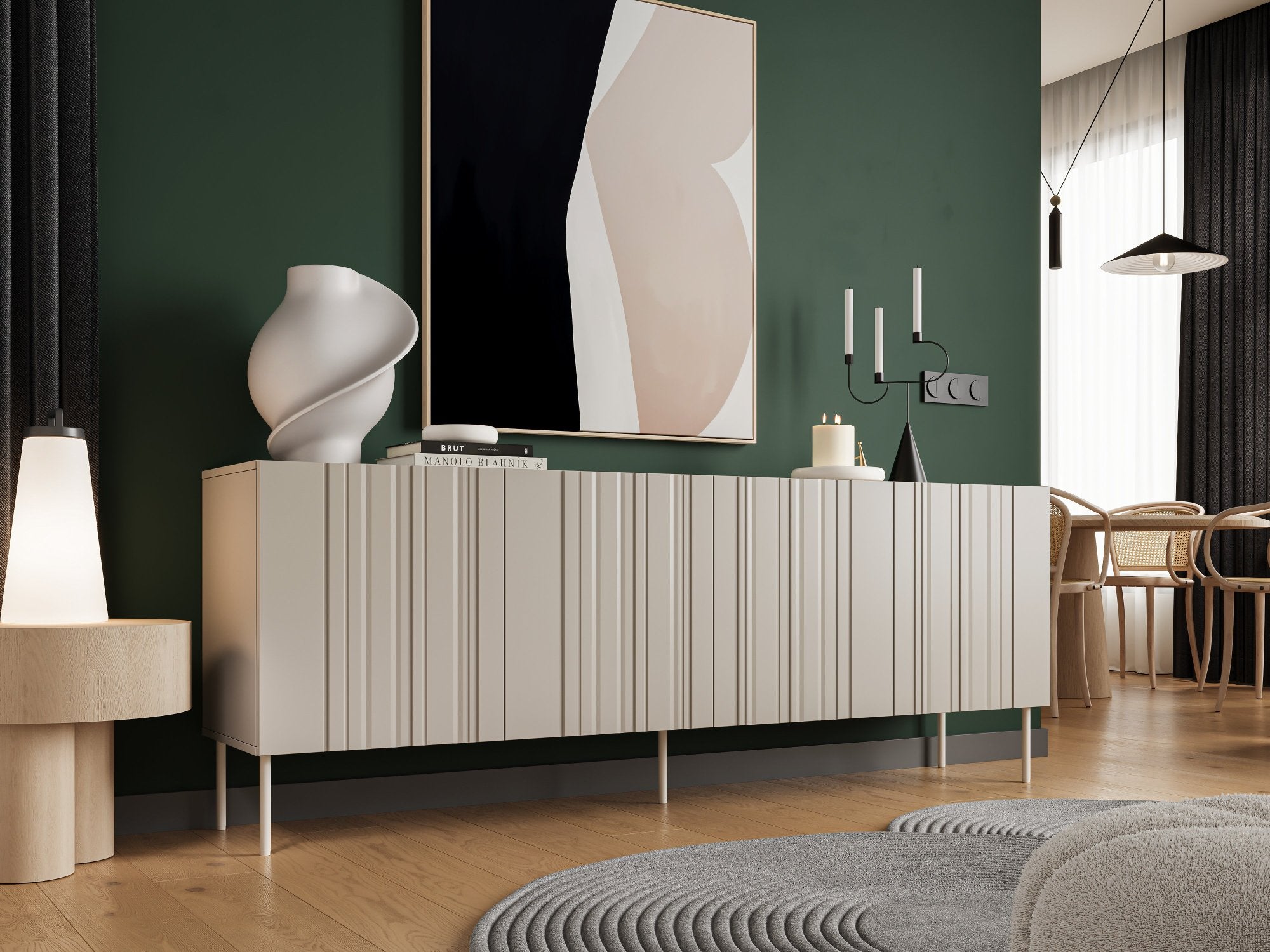 Credenza Gerace, Madia da salotto con quattro ante battenti e vani interni, Rialzata da terra, 201x42 h75 cm, Beige