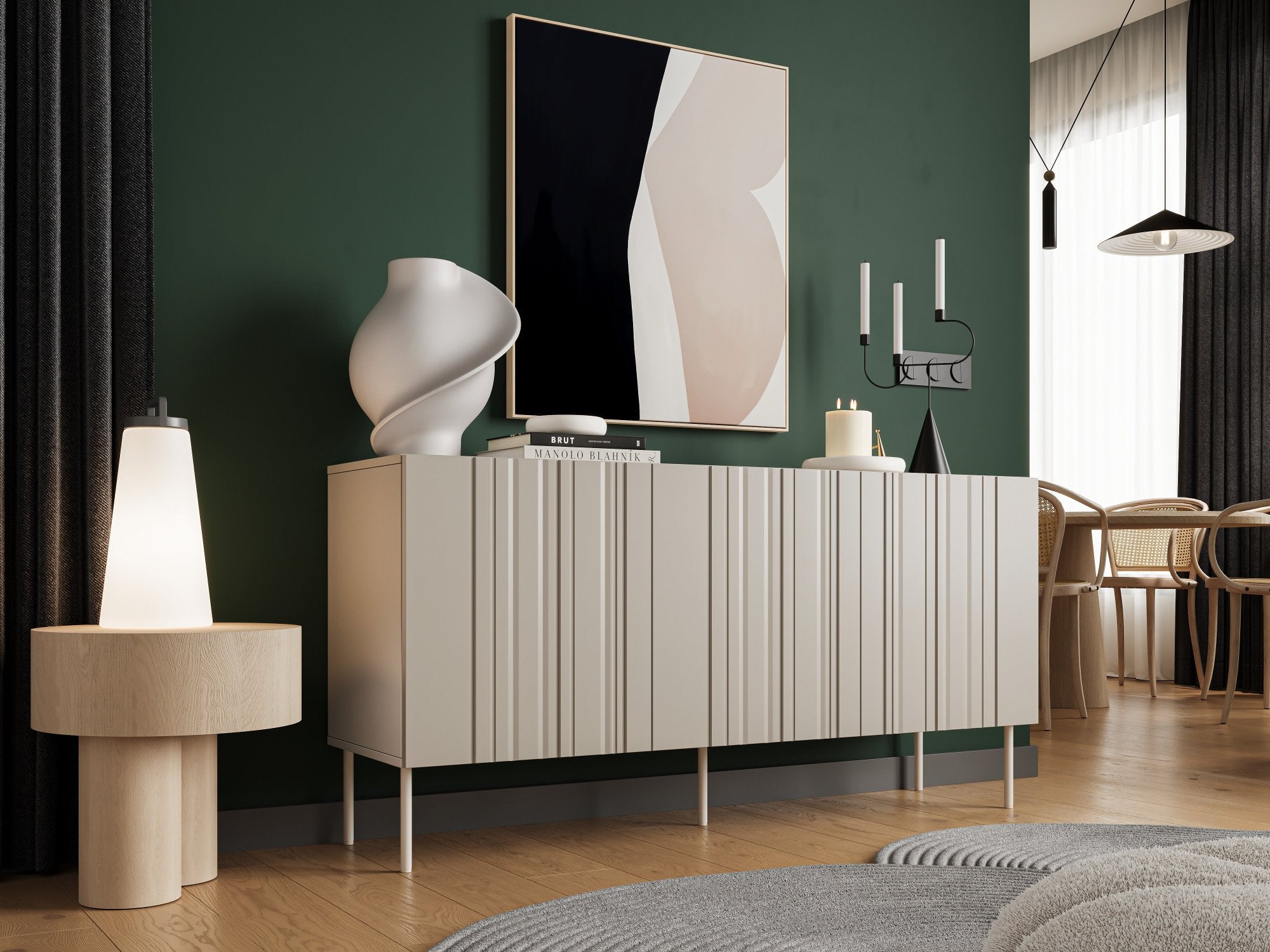 Credenza Spirano, Madia da salotto con tre ante battenti e vani interni, Rialzata da terra, 151x42 h75 cm, Beige