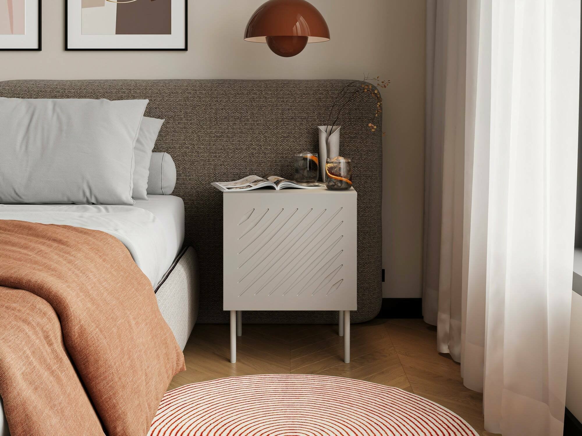 Set di 2 comodini Viano, Comò basso con cassetto e vano interno, Finitura effetto liscio con dettaglio geometrico, 45x42 h59 cm, Beige