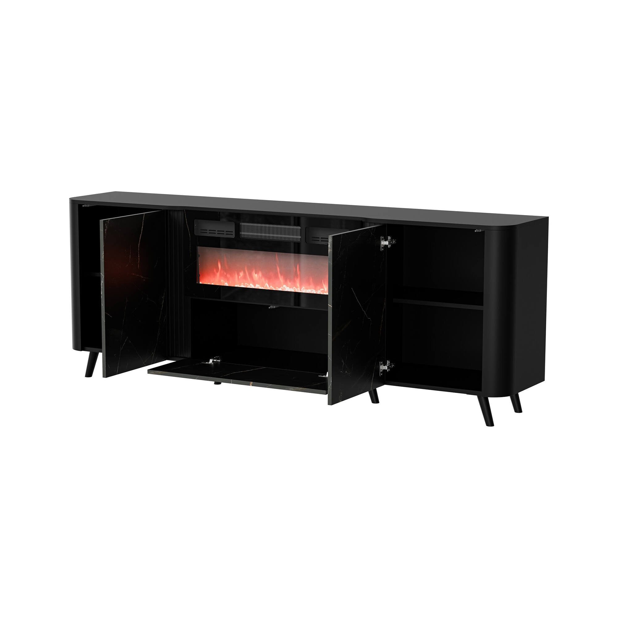 Credenza Briano, Madia da salotto con due ante battenti, anta a ribalta e camino elettrico, Rialzata da terra, 191x40 h69 cm, Marmo e Nero