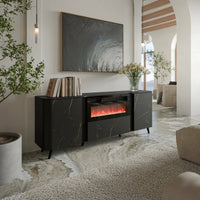 Credenza Briano, Madia da salotto con due ante battenti, anta a ribalta e camino elettrico, Rialzata da terra, 191x40 h69 cm, Marmo e Nero