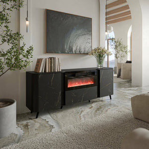 Credenza Briano, Madia da salotto con due ante battenti, anta a ribalta e camino elettrico, Rialzata da terra, 191x40 h69 cm, Marmo e Nero