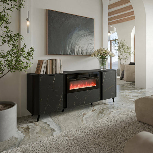 Credenza Briano, Madia da salotto con due ante battenti, anta a ribalta e camino elettrico, Rialzata da terra, 191x40 h69 cm, Marmo e Nero