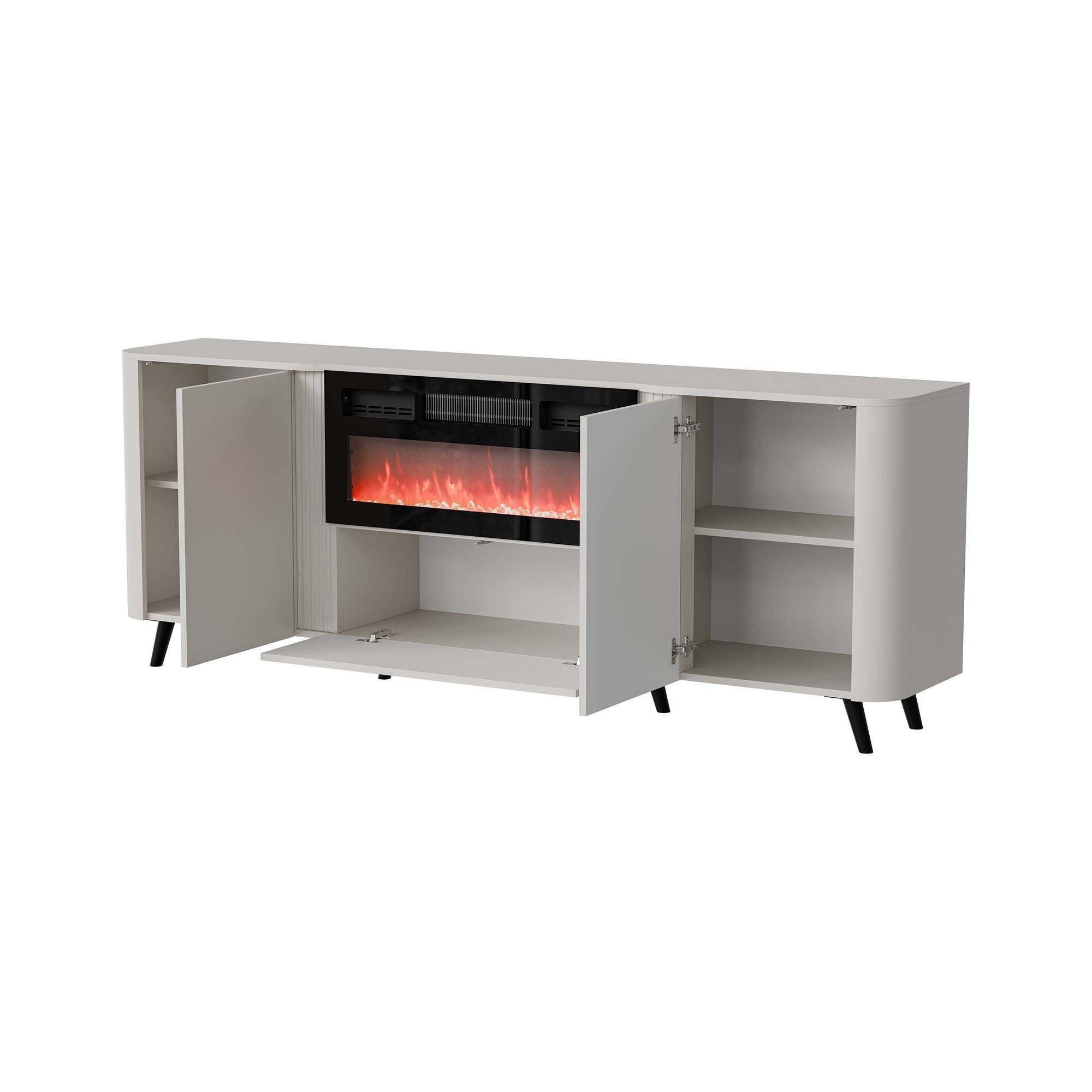 Credenza Briano, Madia da salotto con due ante battenti, anta a ribalta e camino elettrico, Rialzata da terra, 191x40 h69 cm, Beige