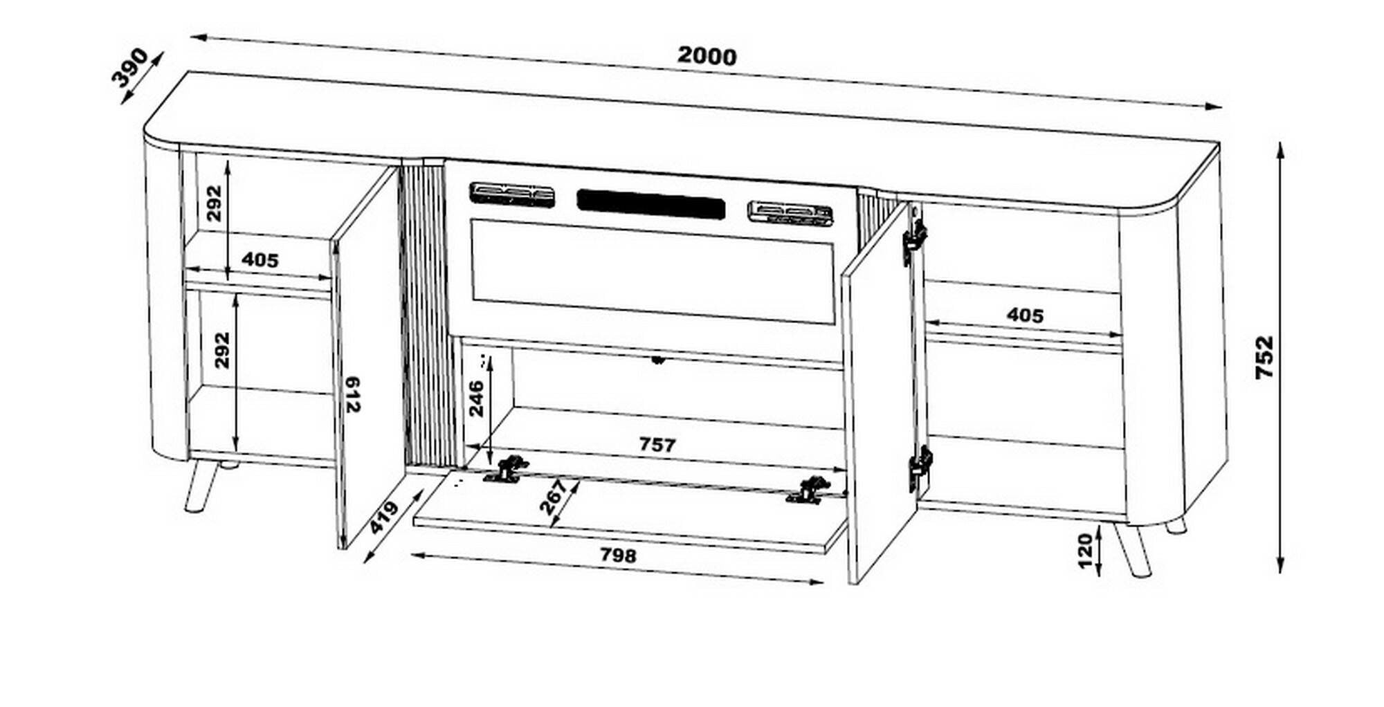 Credenza Briano, Madia da salotto con due ante battenti, anta a ribalta e camino elettrico, Rialzata da terra, 191x40 h69 cm, Beige