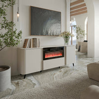 Credenza Briano, Madia da salotto con due ante battenti, anta a ribalta e camino elettrico, Rialzata da terra, 191x40 h69 cm, Beige