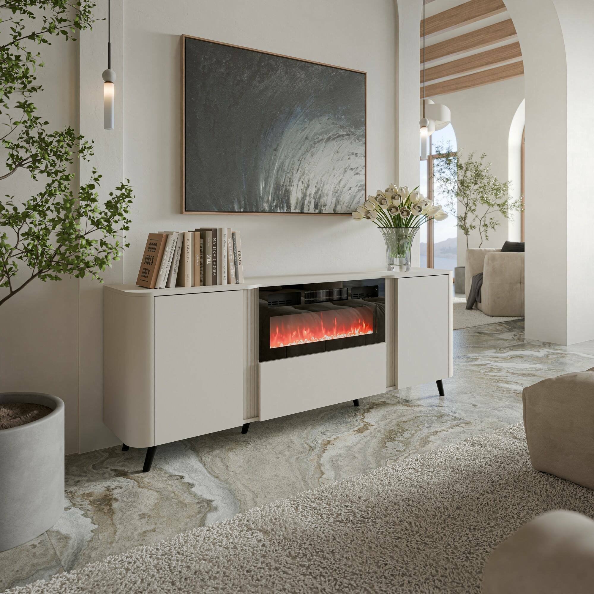 Credenza Briano, Madia da salotto con due ante battenti, anta a ribalta e camino elettrico, Rialzata da terra, 191x40 h69 cm, Beige