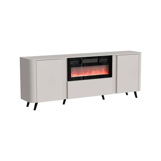 Credenza Briano, Madia da salotto con due ante battenti, anta a ribalta e camino elettrico, Rialzata da terra, 191x40 h69 cm, Beige