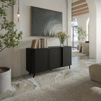 Credenza Loreo, Madia da salotto con tre ante battenti e vani interni, Rialzata da terra, 151x42 h70 cm, Nero