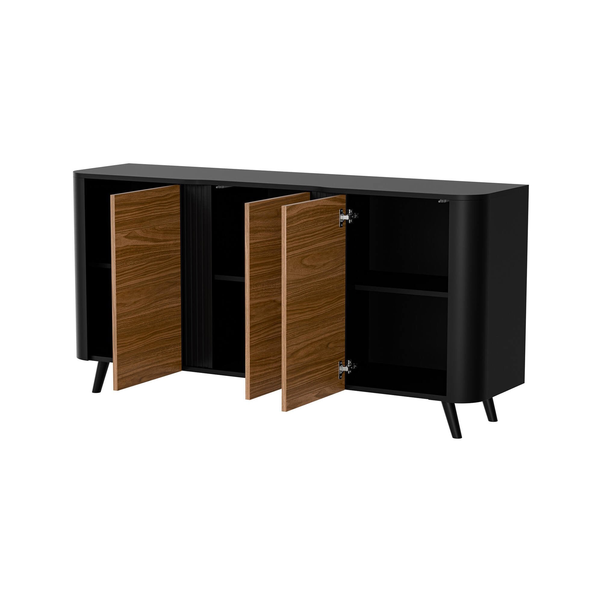 Credenza Loreo, Madia da salotto con tre ante battenti e vani interni, Rialzata da terra, 151x42 h70 cm, Nero e Noce