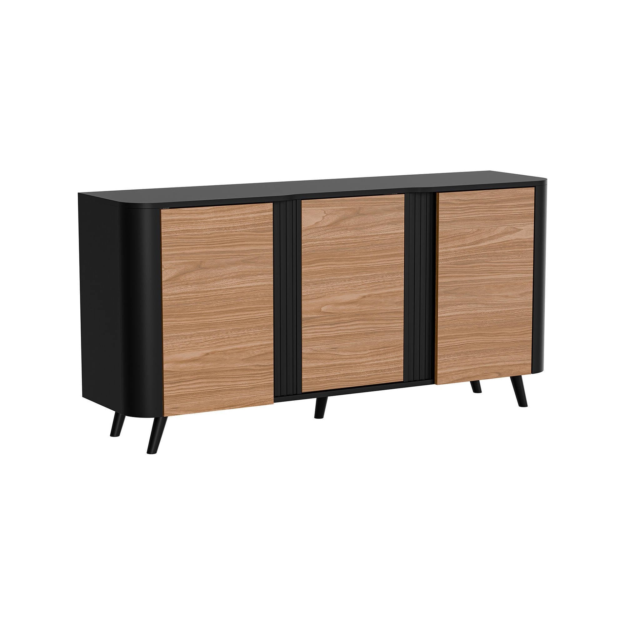Credenza Loreo, Madia da salotto con tre ante battenti e vani interni, Rialzata da terra, 151x42 h70 cm, Nero e Noce
