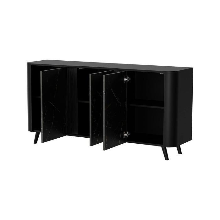 Credenza Loreo, Madia da salotto con tre ante battenti e vani interni, Rialzata da terra, 151x42 h70 cm, Marmo e Nero
