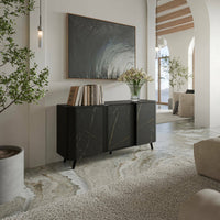 Credenza Loreo, Madia da salotto con tre ante battenti e vani interni, Rialzata da terra, 151x42 h70 cm, Marmo e Nero