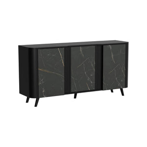 Credenza Loreo, Madia da salotto con tre ante battenti e vani interni, Rialzata da terra, 151x42 h70 cm, Marmo e Nero