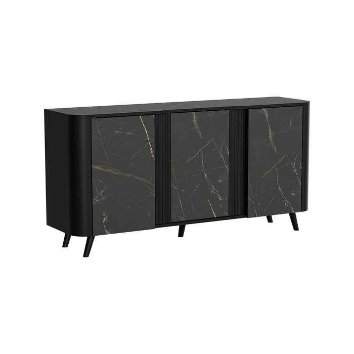 Credenza Loreo, Madia da salotto con tre ante battenti e vani interni, Rialzata da terra, 151x42 h70 cm, Marmo e Nero