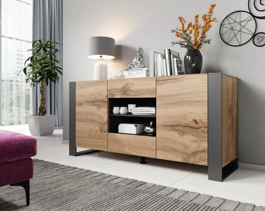 Credenza Albignola, Madia da salotto con due ante battenti, due cassetti e vani interni, Rialzata da terra, 164x44 h80 cm, Rovere Nodi e Antracite