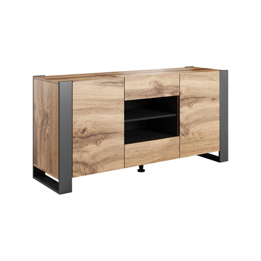 Credenza Albignola, Madia da salotto con due ante battenti, due cassetti e vani interni, Rialzata da terra, 164x44 h80 cm, Rovere Nodi e Antracite