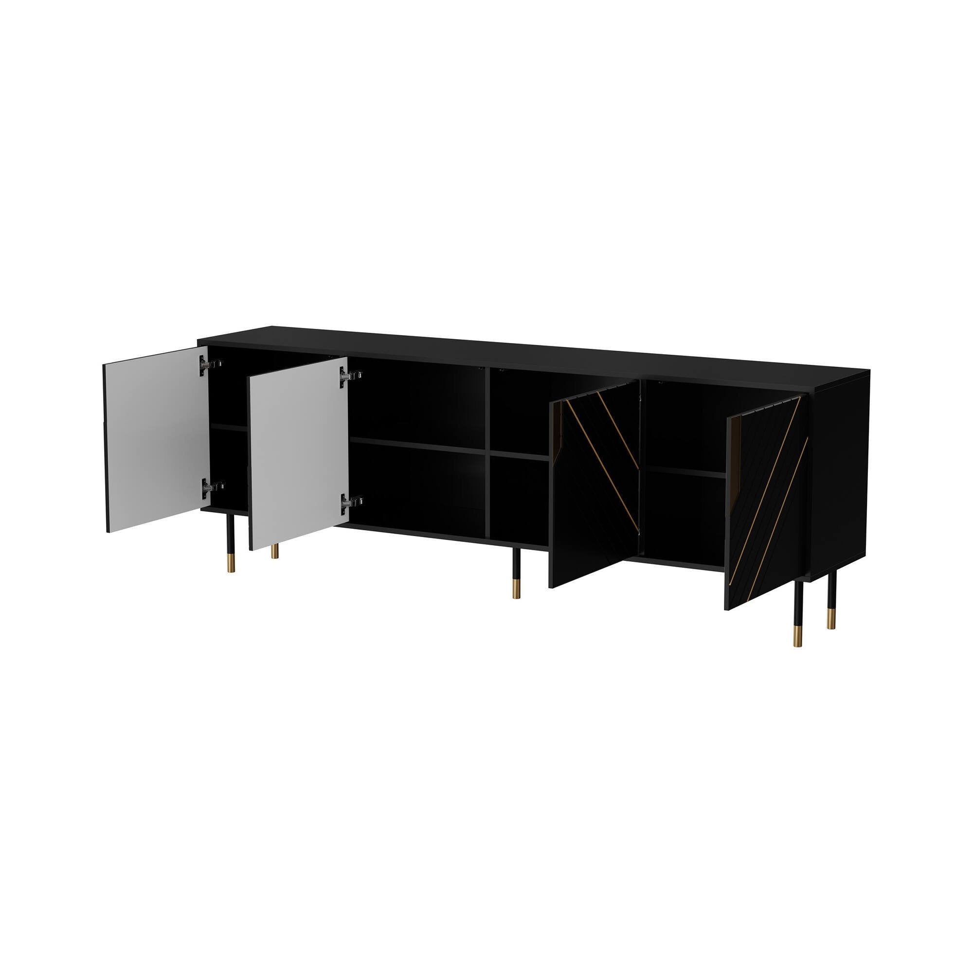 Credenza Landiona, Madia da salotto con quattro ante battenti e vani interni, Rialzata da terra, 204x40 h72 cm, Nero e Oro