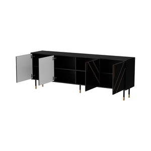 Credenza Landiona, Madia da salotto con quattro ante battenti e vani interni, Rialzata da terra, 204x40 h72 cm, Nero e Oro