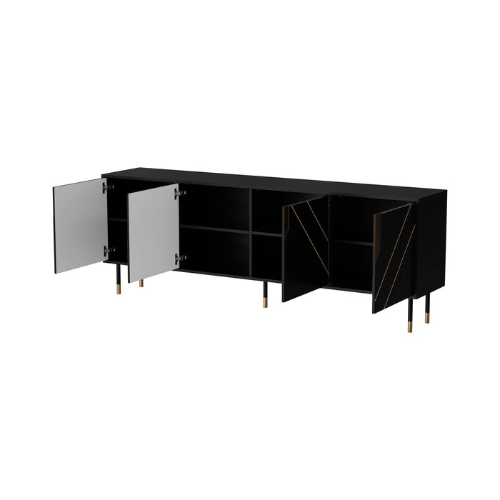 Credenza Landiona, Madia da salotto con quattro ante battenti e vani interni, Rialzata da terra, 204x40 h72 cm, Nero e Oro