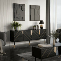 Credenza Landiona, Madia da salotto con quattro ante battenti e vani interni, Rialzata da terra, 204x40 h72 cm, Nero e Oro