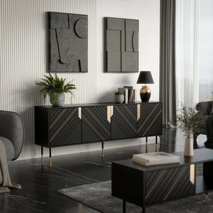 Credenza Landiona, Madia da salotto con quattro ante battenti e vani interni, Rialzata da terra, 204x40 h72 cm, Nero e Oro