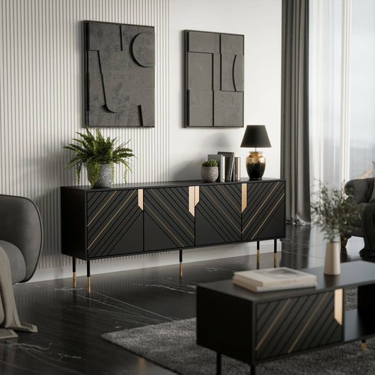 Credenza Landiona, Madia da salotto con quattro ante battenti e vani interni, Rialzata da terra, 204x40 h72 cm, Nero e Oro