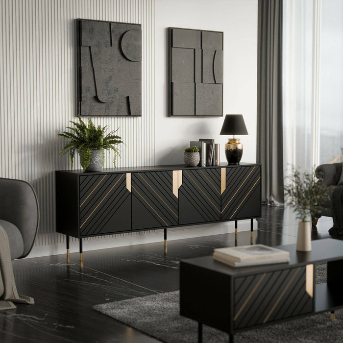 Credenza Landiona, Madia da salotto con quattro ante battenti e vani interni, Rialzata da terra, 204x40 h72 cm, Nero e Oro