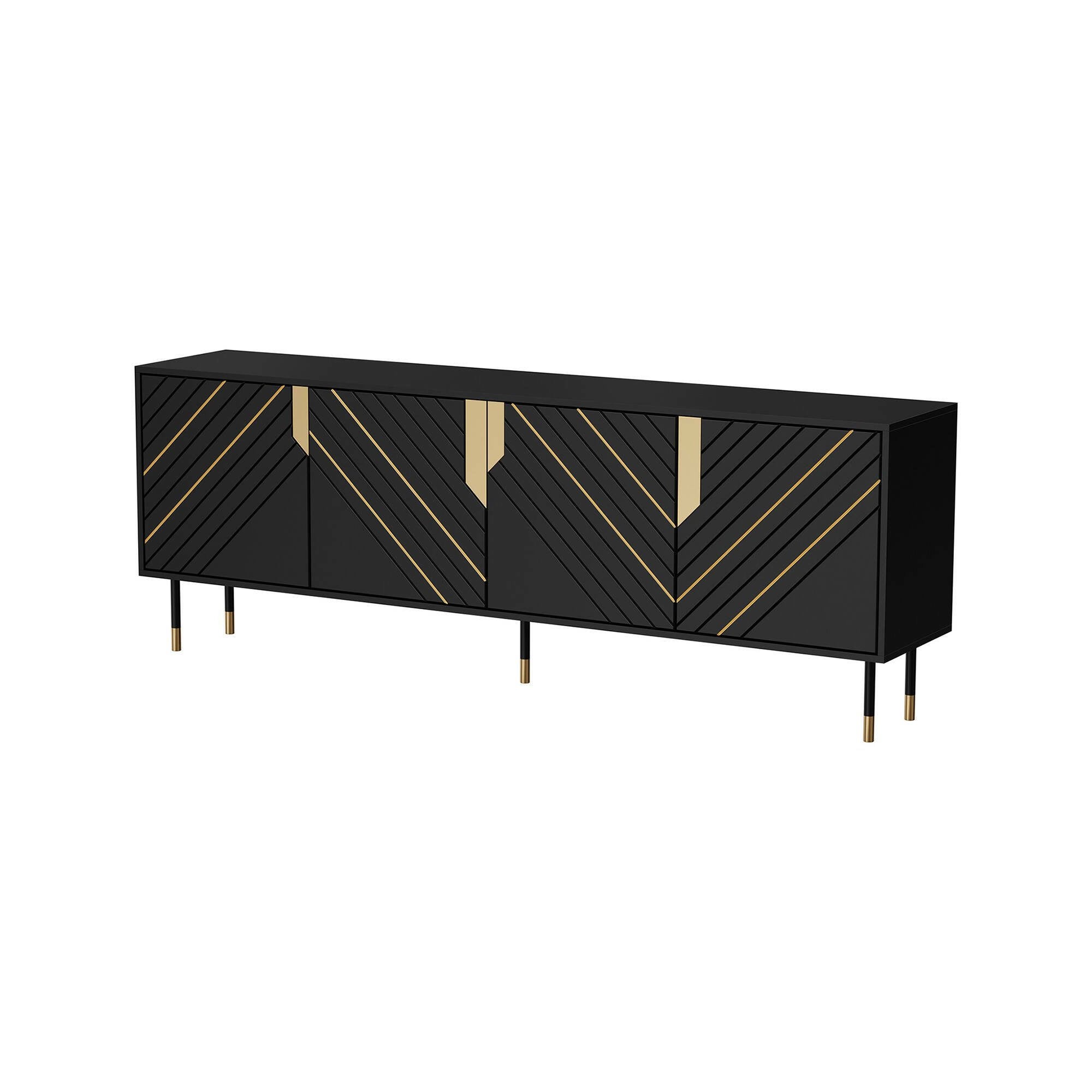 Credenza Landiona, Madia da salotto con quattro ante battenti e vani interni, Rialzata da terra, 204x40 h72 cm, Nero e Oro